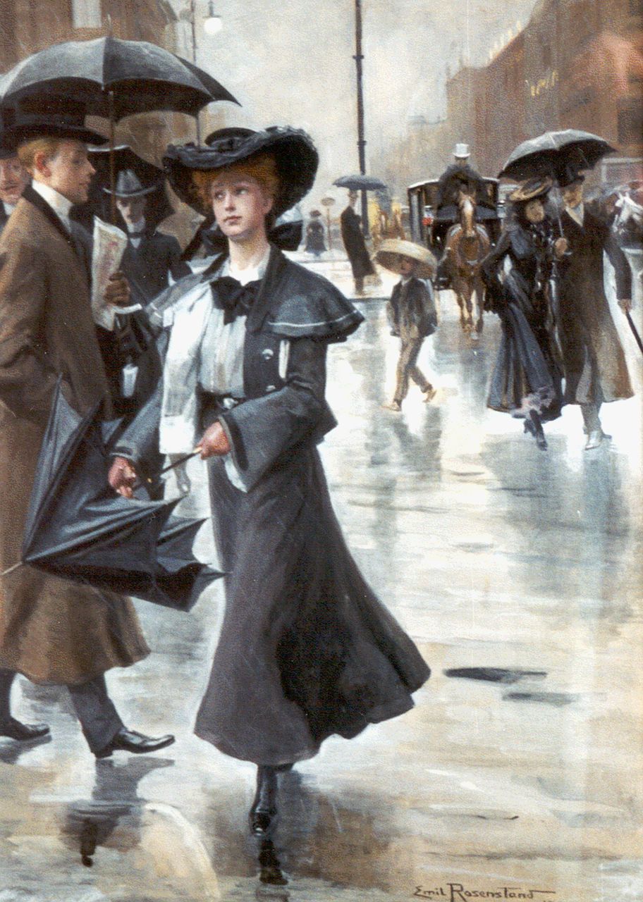 Rosenstand C.E.  | Christian 'Emil' Rosenstand, In de regen, gouache op papier 61,0 x 44,5 cm, gesigneerd rechtsonder en gedateerd 1903
