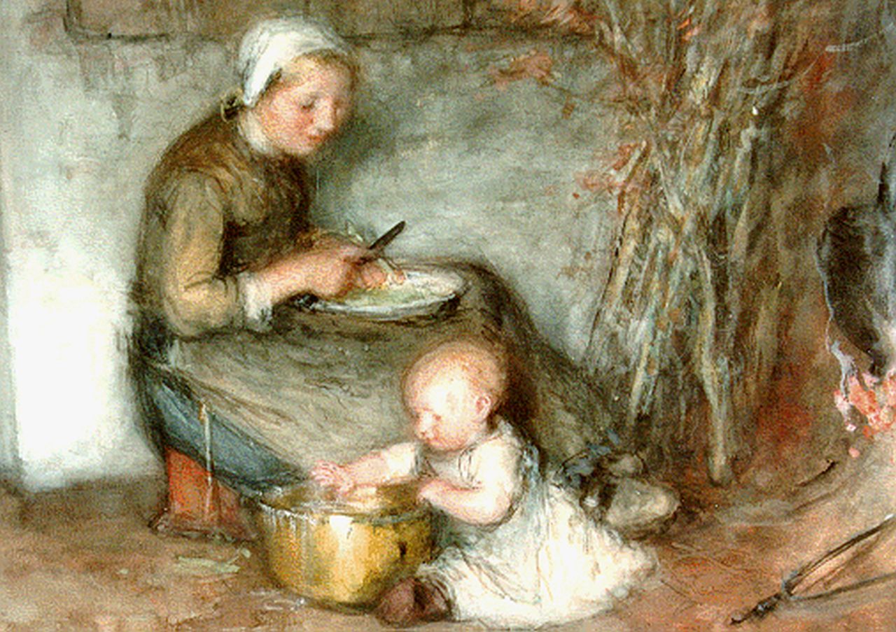 Blommers B.J.  | Bernardus Johannes Blommers, Moeder en dochter aan het werk, aquarel op papier 39,0 x 51,0 cm, gesigneerd rechtsonder