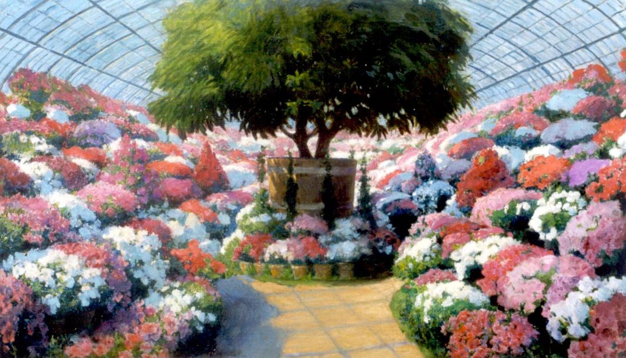 Franz Dvorak | Orangerie met bloeiende bloemen, olieverf op doek, 75,0 x 128,0 cm, gesigneerd m.o.
