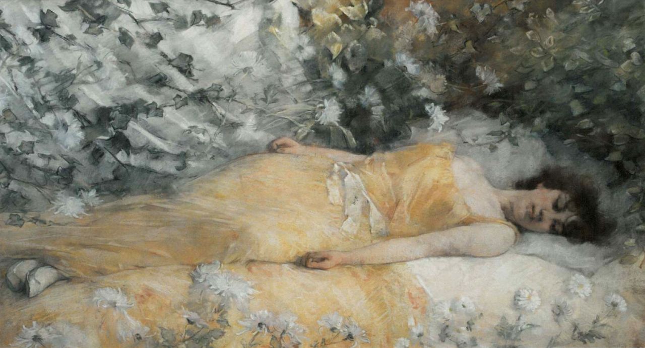 Muller G.G.  | 'Gerard' Gustaaf Muller, Rustende jonge vrouw, aquarel op papier 58,0 x 101,2 cm, gesigneerd linksonder