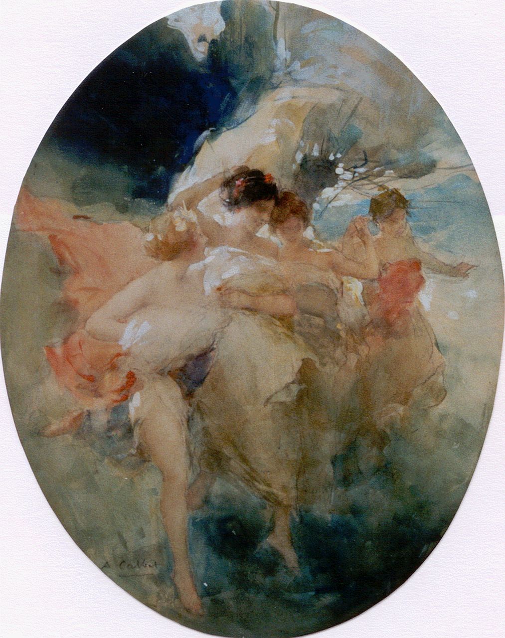 Calbet A.  | Antoine Calbet, Dansende bosnimfen, krijt en aquarel op papier 37,0 x 29,0 cm, gesigneerd linksonder