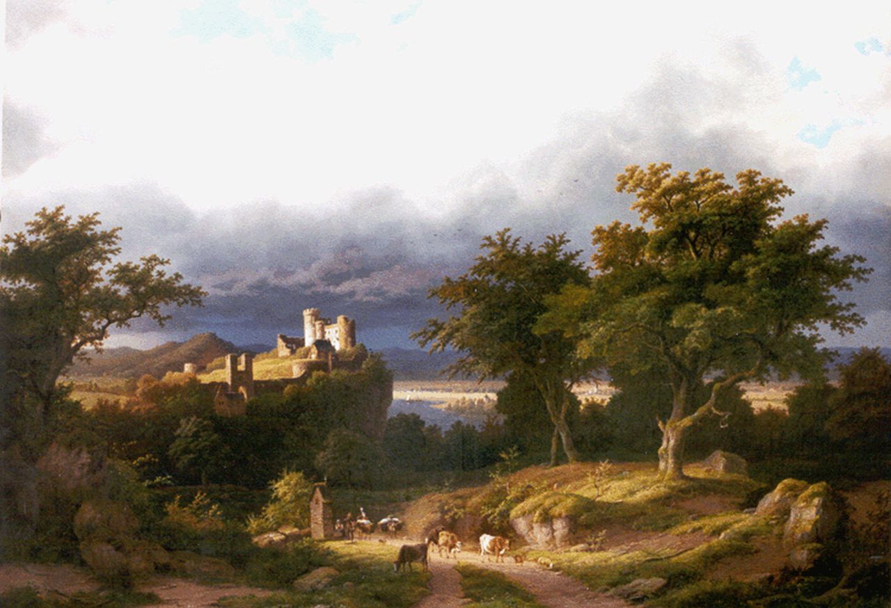 Bimmermann C.  | Caesar Bimmermann, Landschap met kasteel en figuren met vee op een pad, olieverf op doek 91,5 x 129,0 cm, gesigneerd linksonder