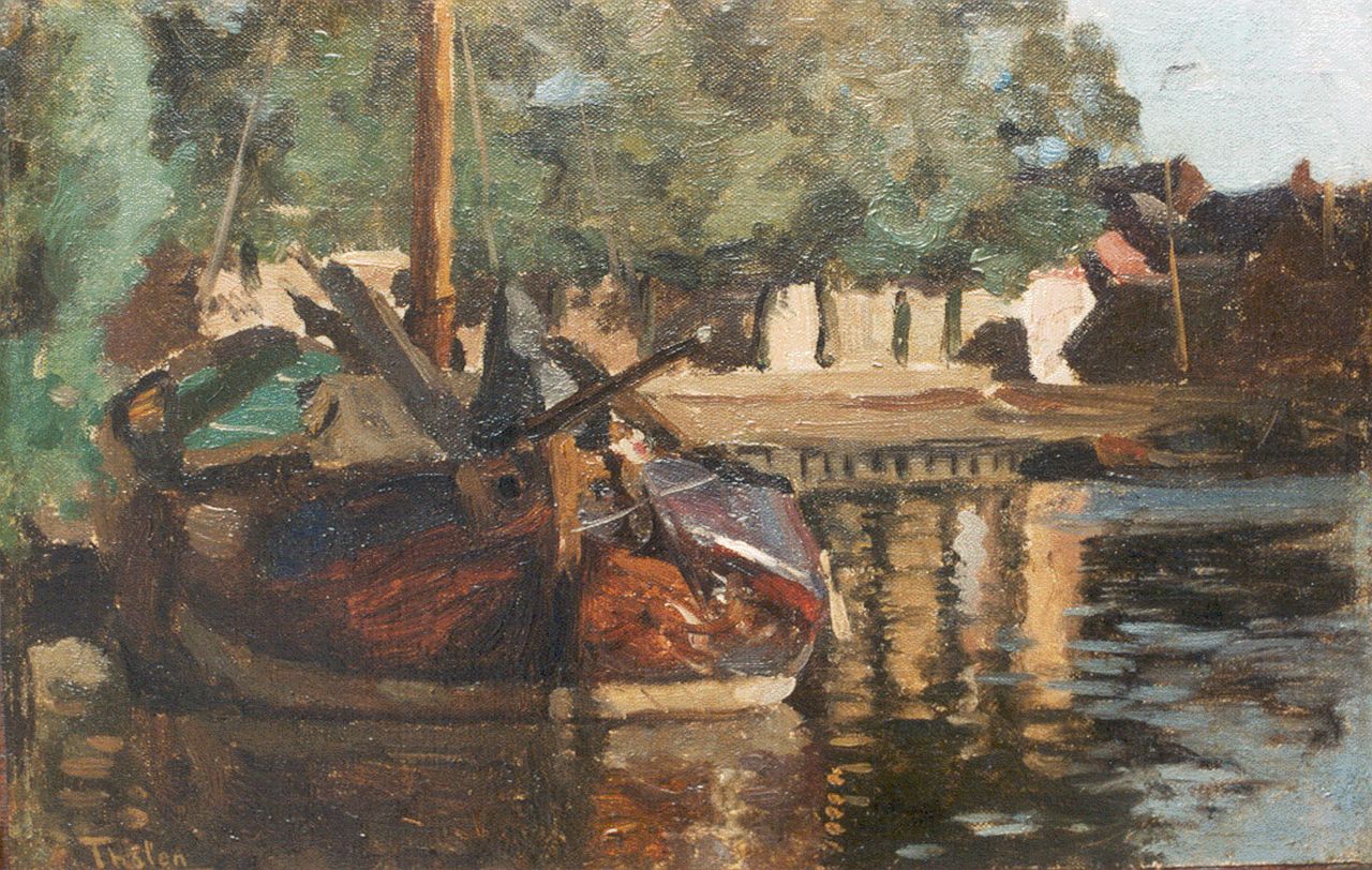 Tholen W.B.  | Willem Bastiaan Tholen, Beurtschip in een binnenhaven, olieverf op doek op paneel 18,2 x 28,5 cm, gesigneerd linksonder en te dateren ca. 1910