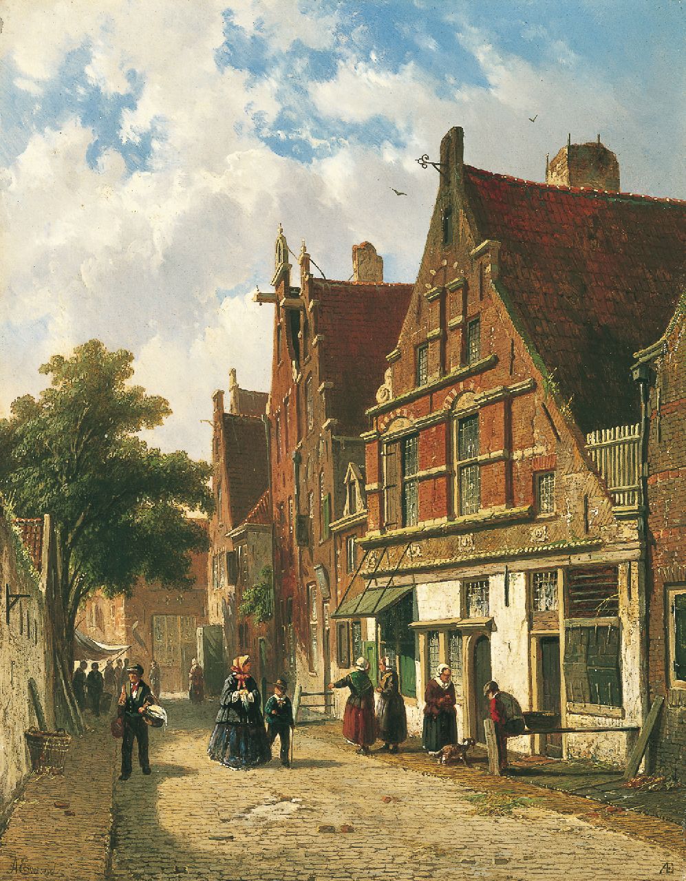 Eversen A.  | Adrianus Eversen, Hollands straatje in de zomer, olieverf op paneel 34,5 x 27,0 cm, gesigneerd linksonder + rechtsonder met monogram