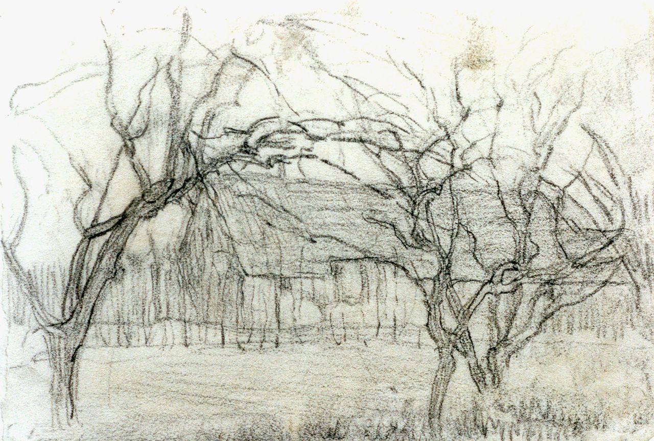 Mondriaan P.C.  | Pieter Cornelis 'Piet' Mondriaan, Boerderij achter bomen, krijt op papier 11,7 x 16,8 cm, te dateren ca. 1905