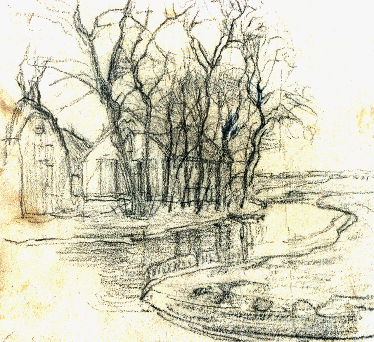 Mondriaan P.C.  | Pieter Cornelis 'Piet' Mondriaan, Boerderij bij Duivendrecht; detailstudie v.d. rechterhelft, zwart krijt op papier 13,6 x 15,0 cm, te dateren ca. 1905