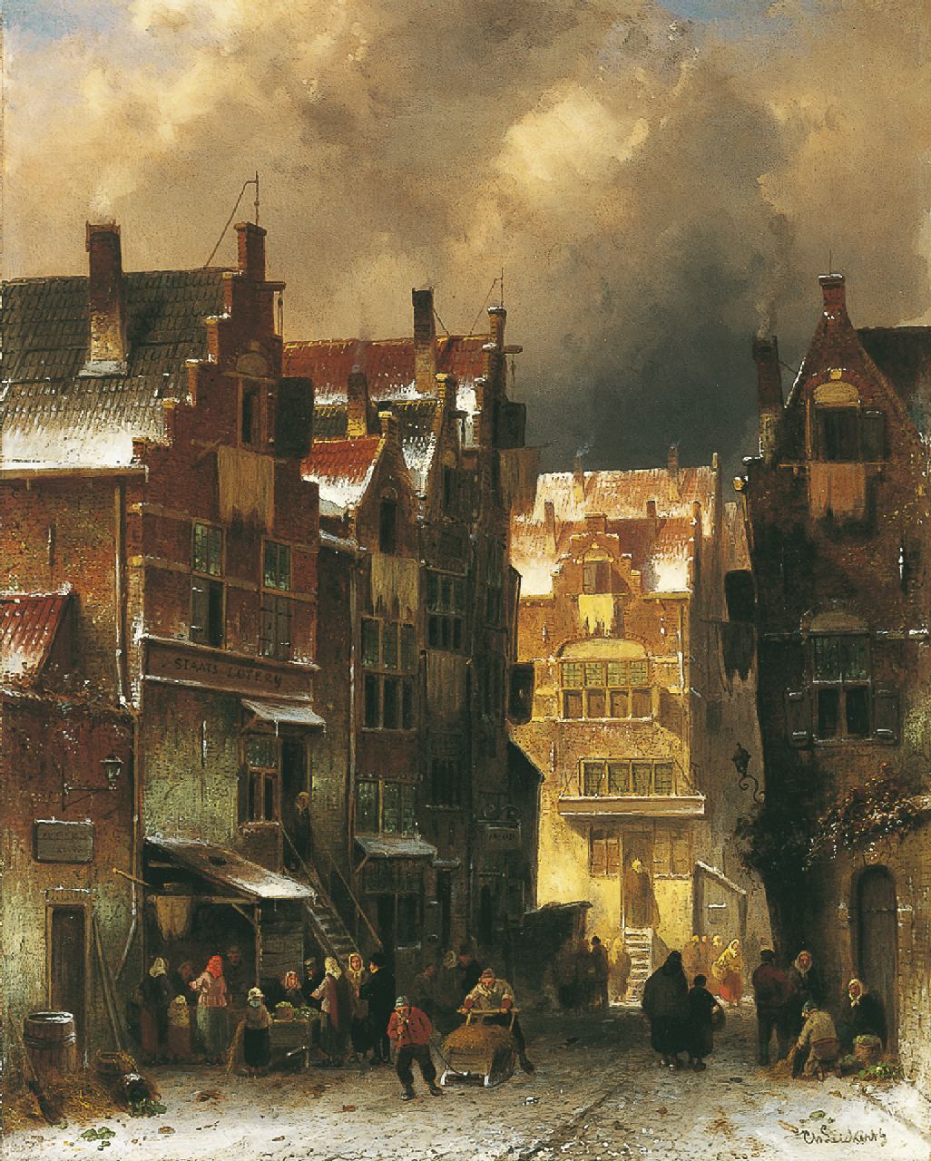 Leickert C.H.J.  | 'Charles' Henri Joseph Leickert, Drukbevolkt straatje met staatsloterij in de winter, olieverf op doek 56,7 x 45,5 cm, gesigneerd rechtsonder en links van het midden