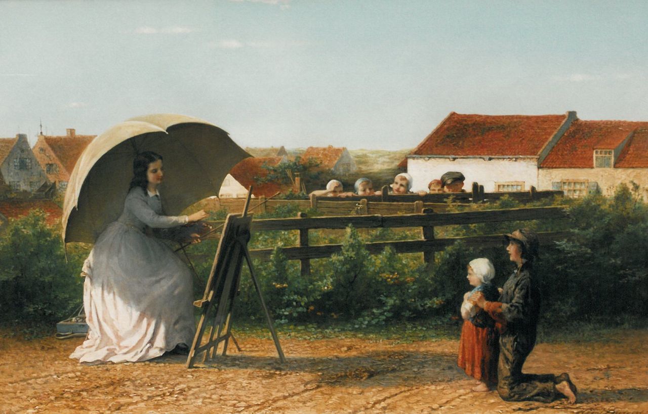 Burgers H.J.  | Hendricus Jacobus 'Hein' Burgers, De schilderes - met jonge toeschouwers, olieverf op paneel 40,8 x 63,4 cm, gesigneerd rechtsonder en gedateerd '69