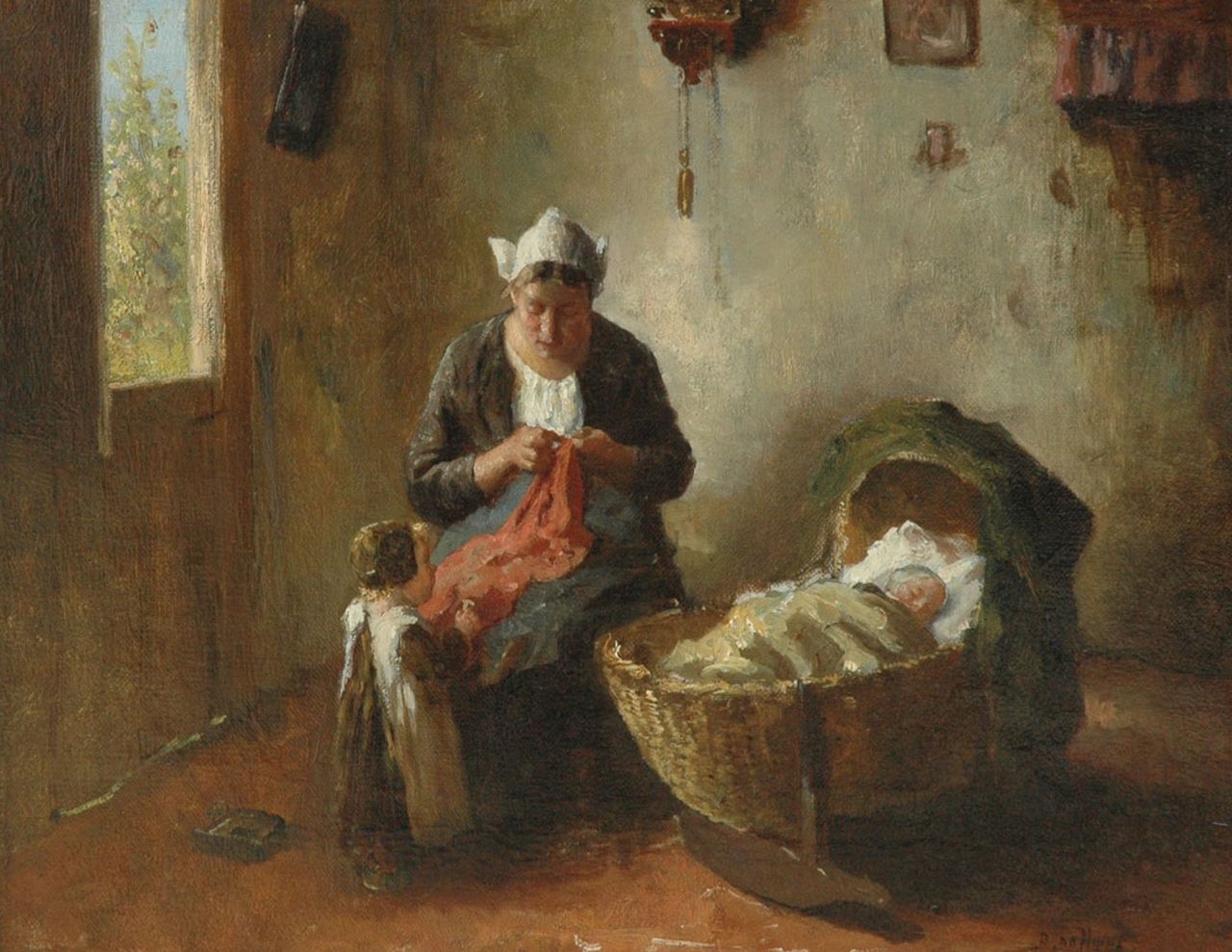 Hoog J.B. de | Johan 'Bernard' de Hoog, Larens interieur met moeder en kinderen, olieverf op doek 40,0 x 50,4 cm, gesigneerd rechtsonder