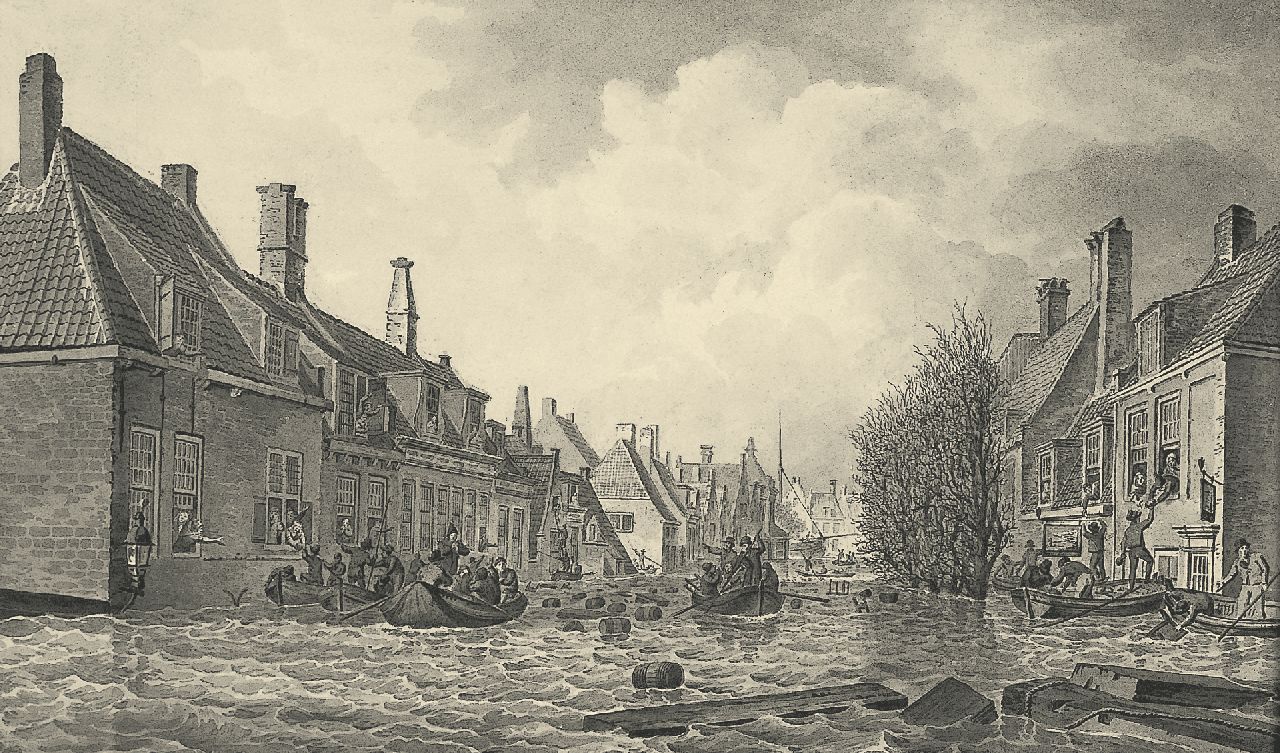 Koekkoek J.H.  | Johannes Hermanus Koekkoek, Palingstraat Vlissingen tijdens de overstroming in 1808, sepia op papier 15,5 x 25,5 cm
