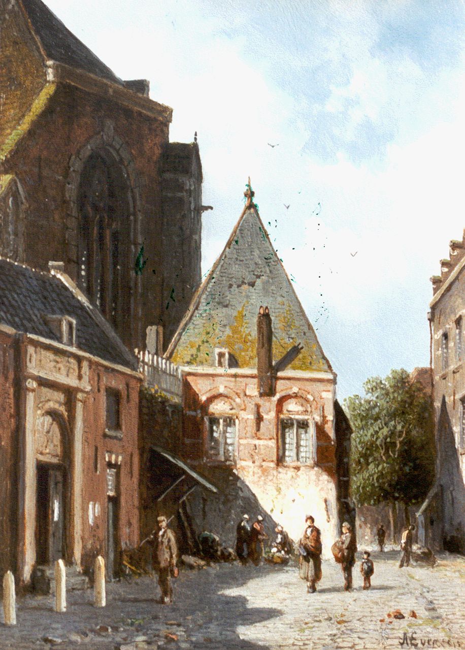 Eversen A.  | Adrianus Eversen, Gezicht op een zonnig kerkplein, olieverf op paneel 19,9 x 14,4 cm, gesigneerd rechtsonder