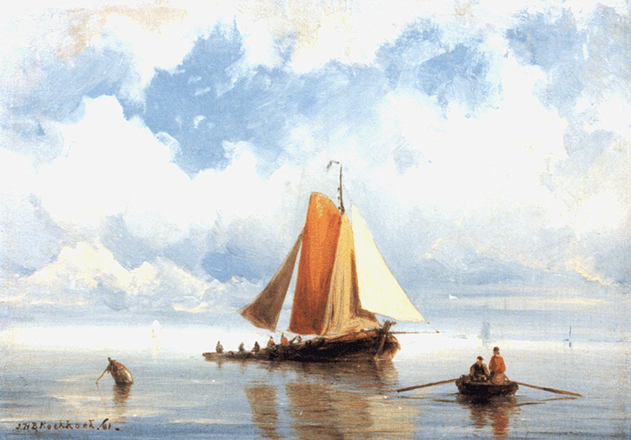 Koekkoek J.H.B.  | Johannes Hermanus Barend 'Jan H.B.' Koekkoek, Vissersschepen op kalme zee, olieverf op paneel 14,9 x 20,9 cm, gesigneerd linksonder en gedateerd '61