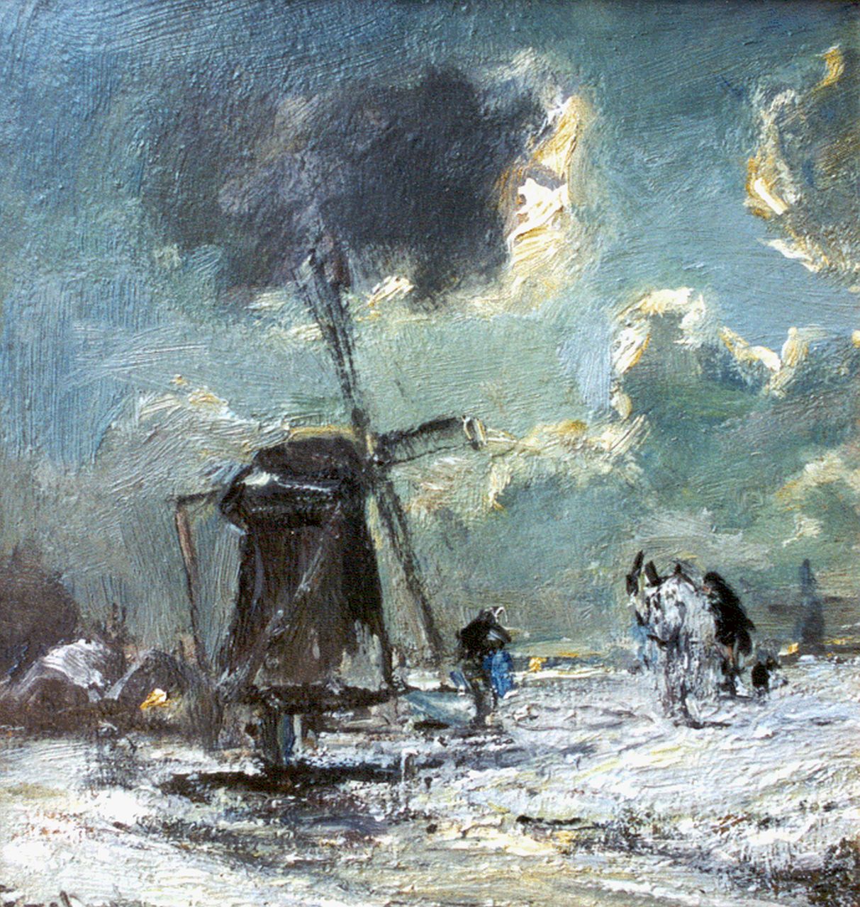 Apol L.F.H.  | Lodewijk Franciscus Hendrik 'Louis' Apol, Molen in een besneeuwd landschap, olieverf op paneel 19,0 x 18,3 cm, gesigneerd linksonder