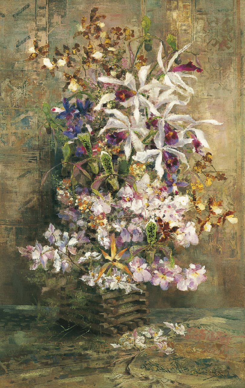 Duyts G. den | Gustave den Duyts, Stilleven met orchideeën, olieverf op doek 108,7 x 68,3 cm, gesigneerd r.o en gedateerd 1888