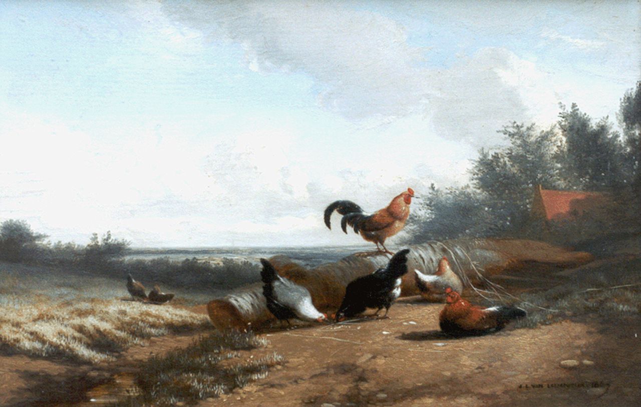 Jean-Baptiste Leopold van Leemputten | Haan en kippen in een landschap, 23,9 x 36,0 cm, gesigneerd r.o. en gedateerd 1867