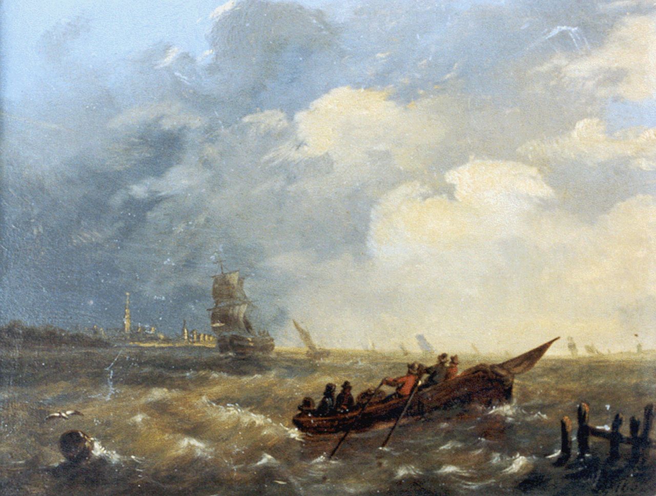 Gijselaar L.J. de | Leonard Johannes de Gijselaar, Roeiboot en zeilschepen voor de kust, olieverf op paneel 26,0 x 34,2 cm, gesigneerd rechtsonder monogram en gedateerd 1852
