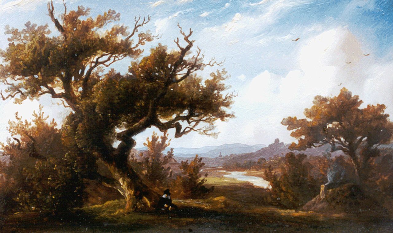 Tavenraat J.  | Johannes Tavenraat, Rivierlandschap, olieverf op paneel 11,5 x 19,0 cm, gesigneerd linksonder en gedateerd 1848