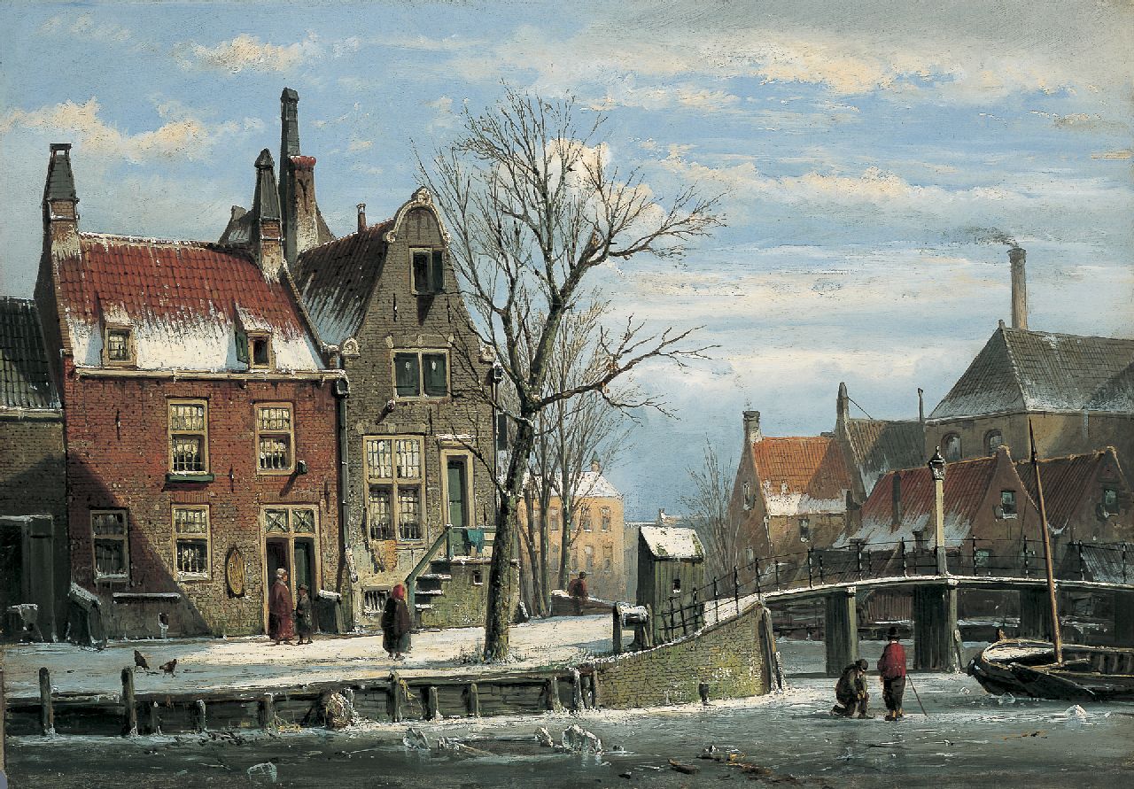 Koekkoek W.  | Willem Koekkoek, Winters stadsgezicht met figuren bij een brug, olieverf op doek 40,0 x 57,0 cm, te dateren 1862-1865
