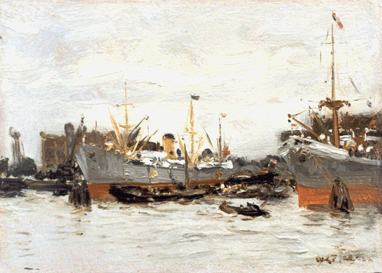 Jansen W.G.F.  | 'Willem' George Frederik Jansen, Havengezicht Rotterdam, olieverf op paneel 15,0 x 21,0 cm, gesigneerd rechtsonder