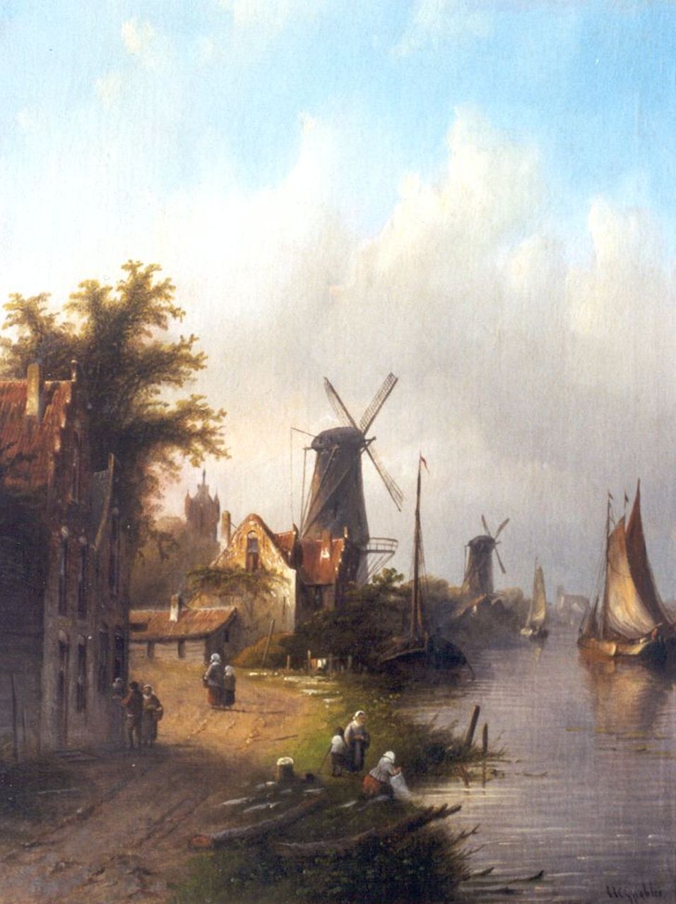 Spohler J.J.C.  | Jacob Jan Coenraad Spohler, Rivierlandschap met molens en afgemeerde schepen, olieverf op doek 44,8 x 35,0 cm, gesigneerd rechtsonder