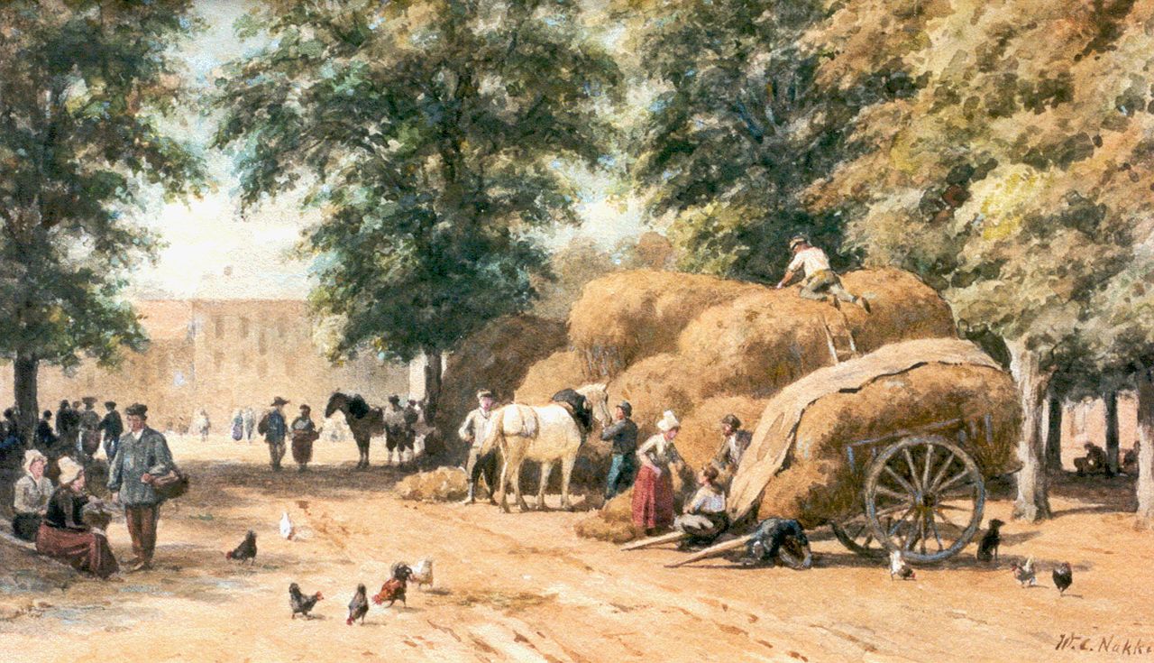 Nakken W.K.  | Willem Karel 'W.C.' Nakken, Boerenmarkt met hooiwagens, aquarel op papier 31,8 x 53,4 cm, gesigneerd rechtsonder