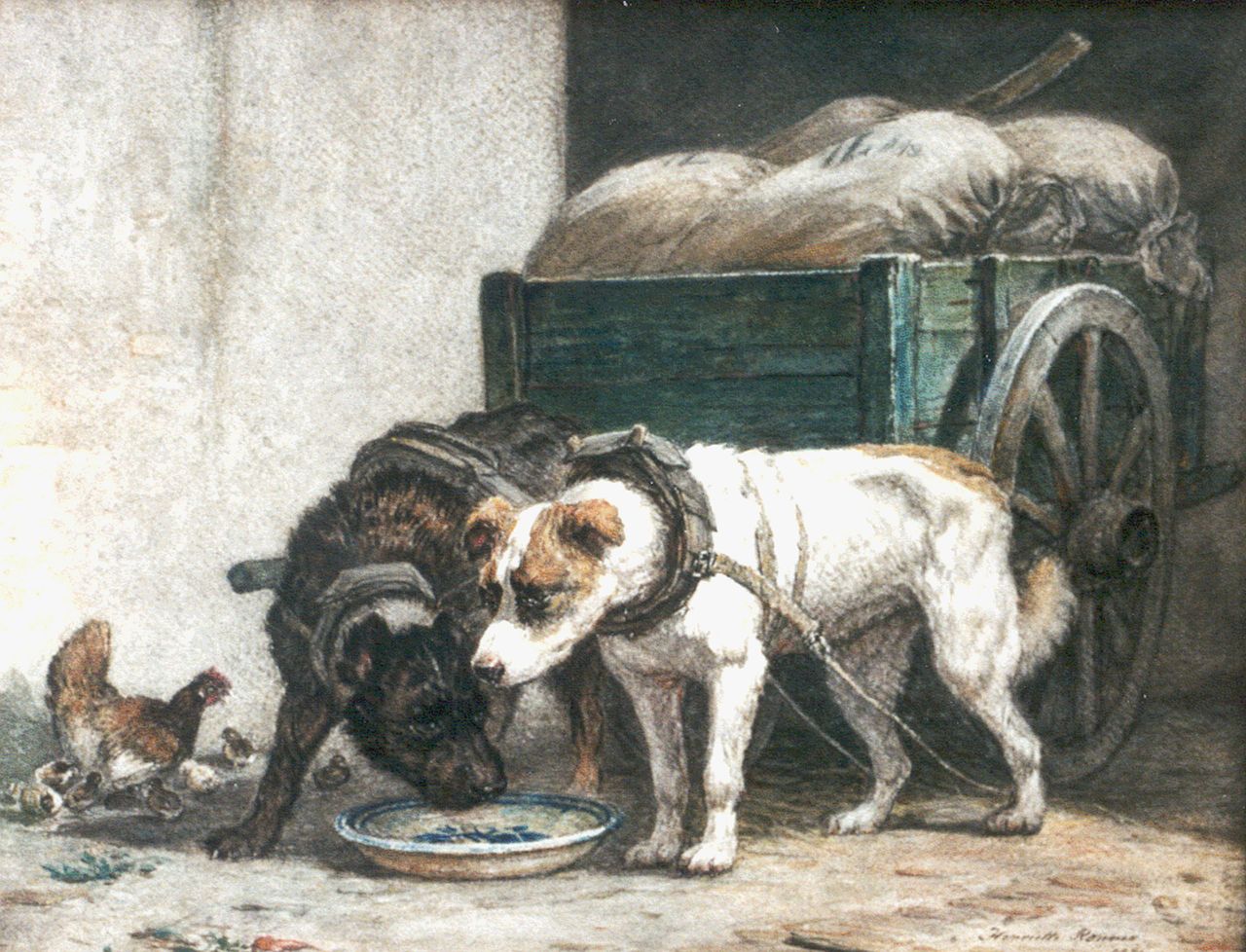Ronner-Knip H.  | Henriette Ronner-Knip, Rustende trekhonden, aquarel op papier 35,0 x 44,5 cm, gesigneerd rechtsonder en gedateerd 1871