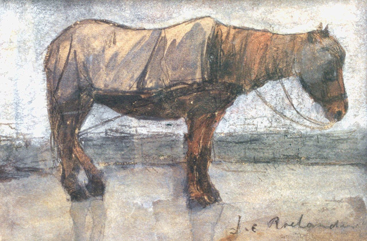 Roelandse J.C.  | Johannes Cornelis 'Jan' Roelandse, Rustend werkpaard, krijt en aquarel op papier 12,1 x 18,1 cm, gesigneerd rechtsonder