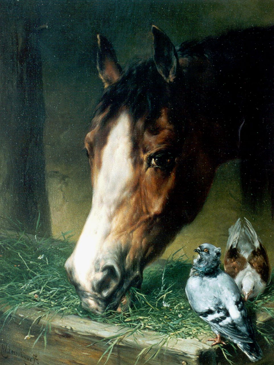 Verschuur W.  | Wouterus Verschuur, Paardenhoofd en twee duifjes op de trog, olieverf op paneel 36,3 x 28,3 cm, gesigneerd linksonder