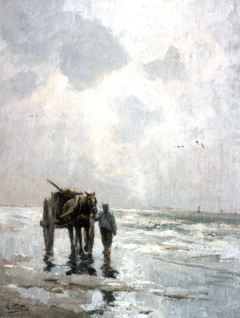 Pieters E.  | Evert Pieters, Schelpenvisser op het strand, olieverf op doek 49,1 x 38,3 cm, gesigneerd linksonder