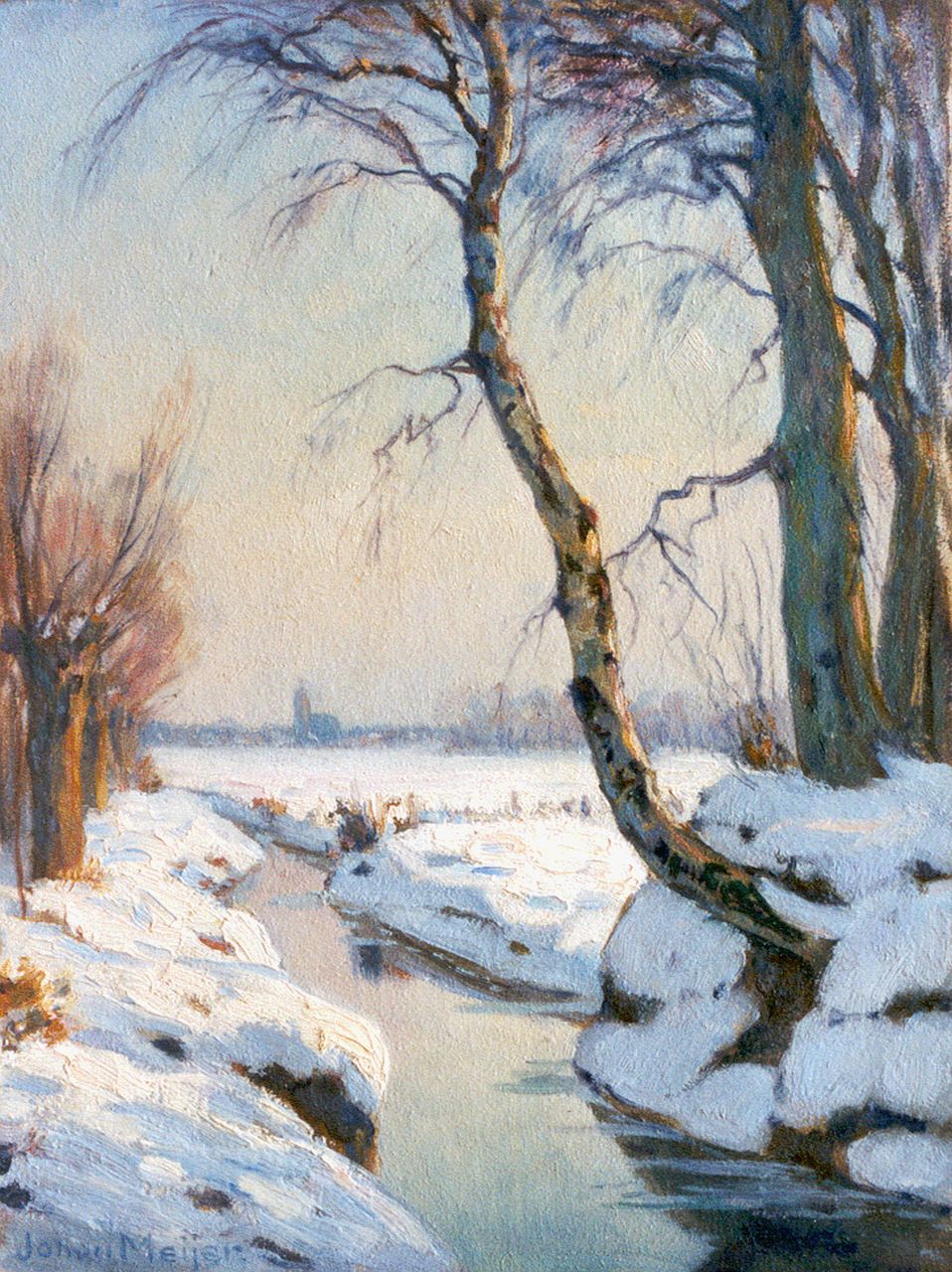 Meijer J.  | Johannes 'Johan' Meijer, Zonnige winterdag, olieverf op paneel 32,2 x 24,1 cm, gesigneerd linksonder + verso
