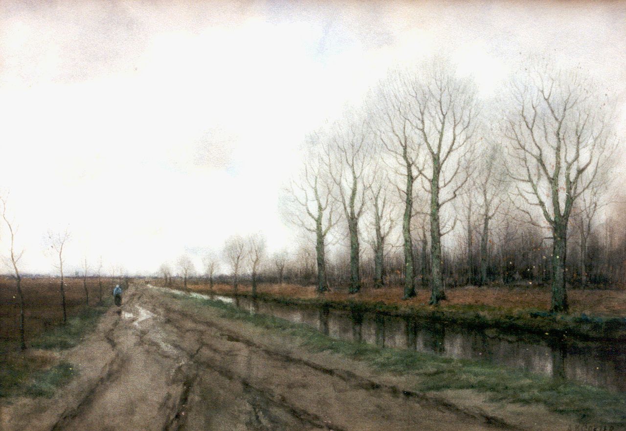 Gorter A.M.  | 'Arnold' Marc Gorter, Winters landschap met boerin langs een vaart, aquarel op papier 33,4 x 46,7 cm, gesigneerd rechtsonder