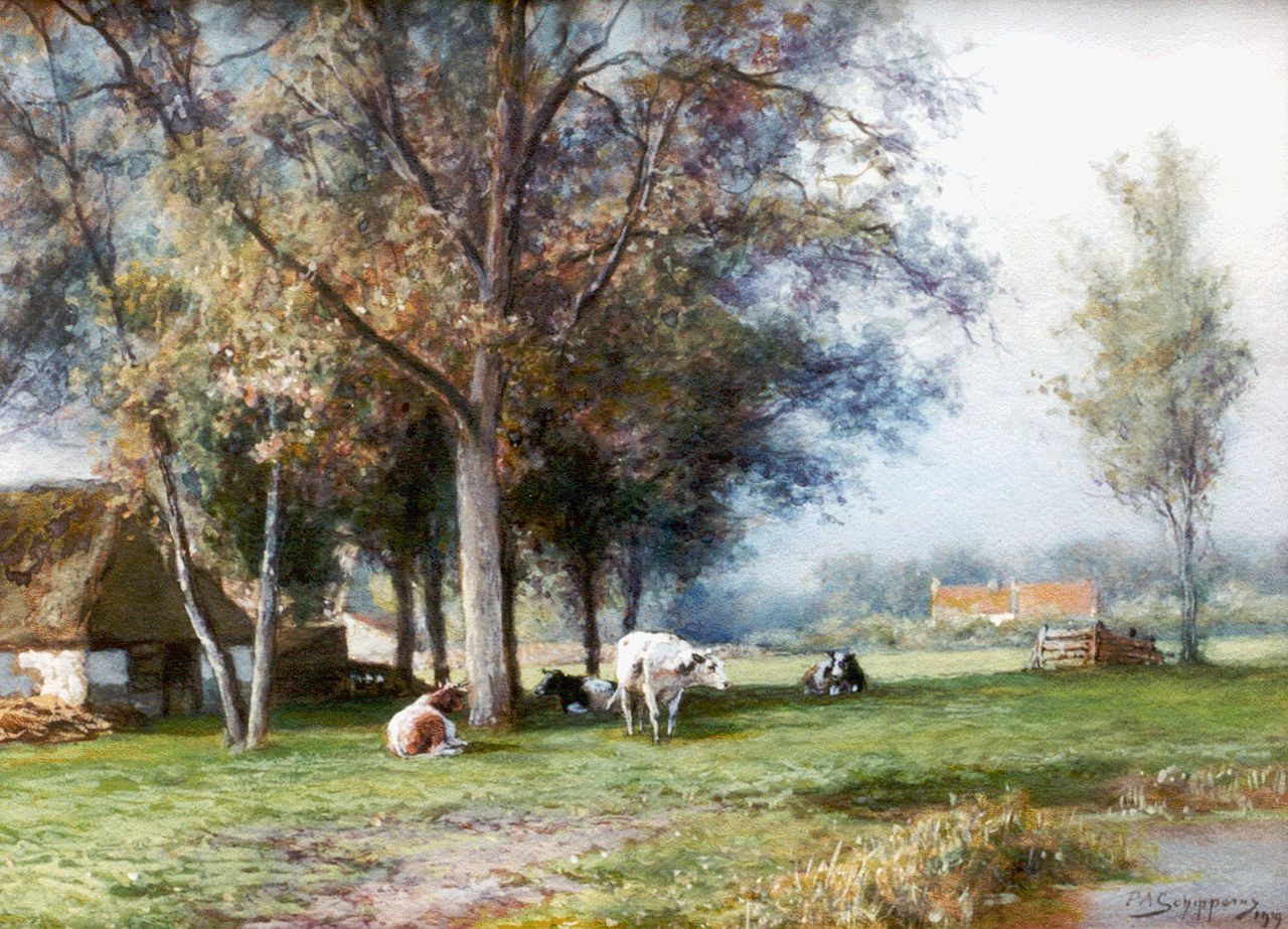 Schipperus P.A.  | Pieter Adrianus 'Piet' Schipperus, Boerenlandschap met rustend vee, aquarel op papier 42,5 x 58,0 cm, gesigneerd rechtsonder en gedateerd 1919