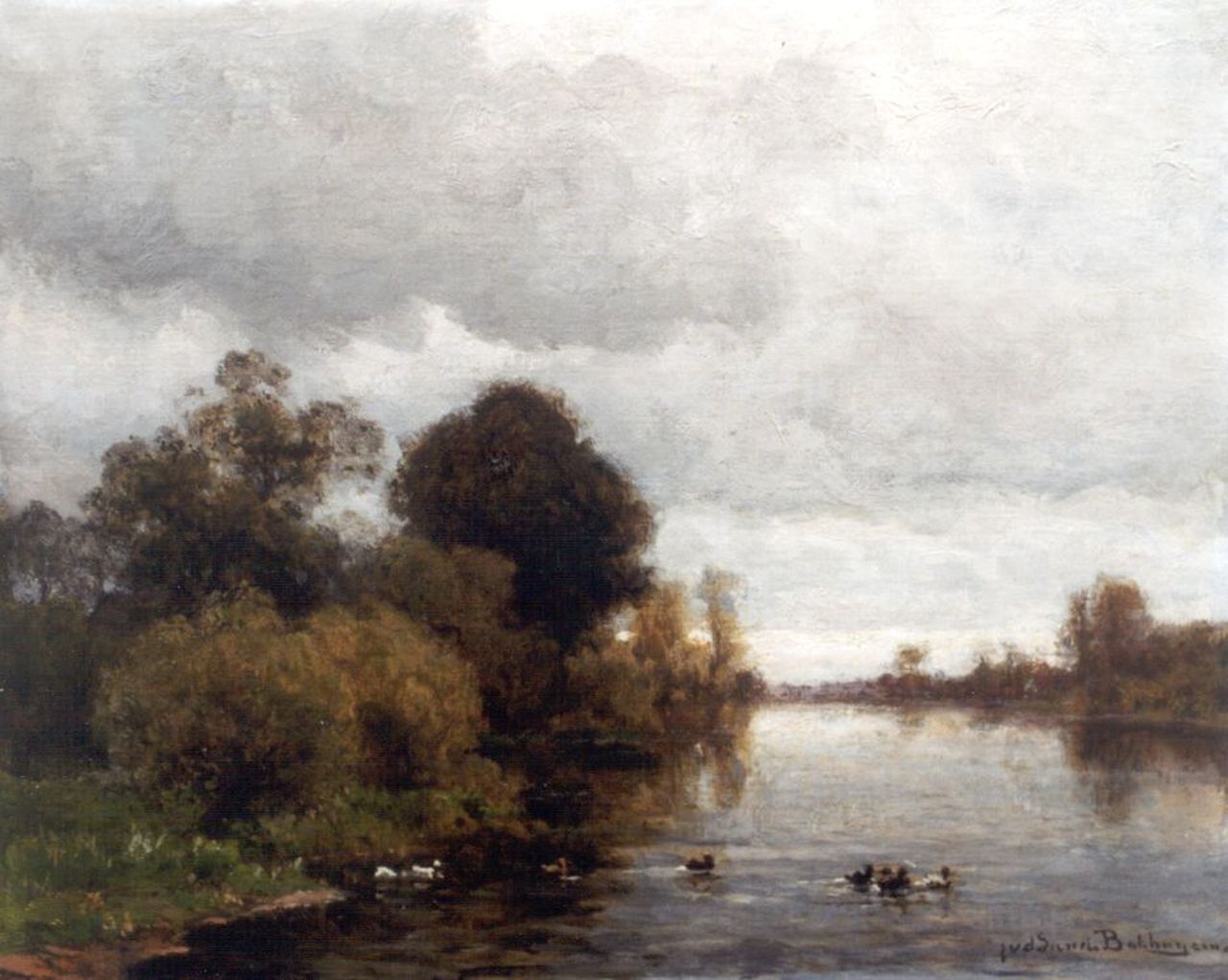 Sande Bakhuyzen J.J. van de | Julius Jacobus van de Sande Bakhuyzen, Verstild riviergezicht, olieverf op doek op paneel 37,2 x 45,2 cm, gesigneerd rechtsonder
