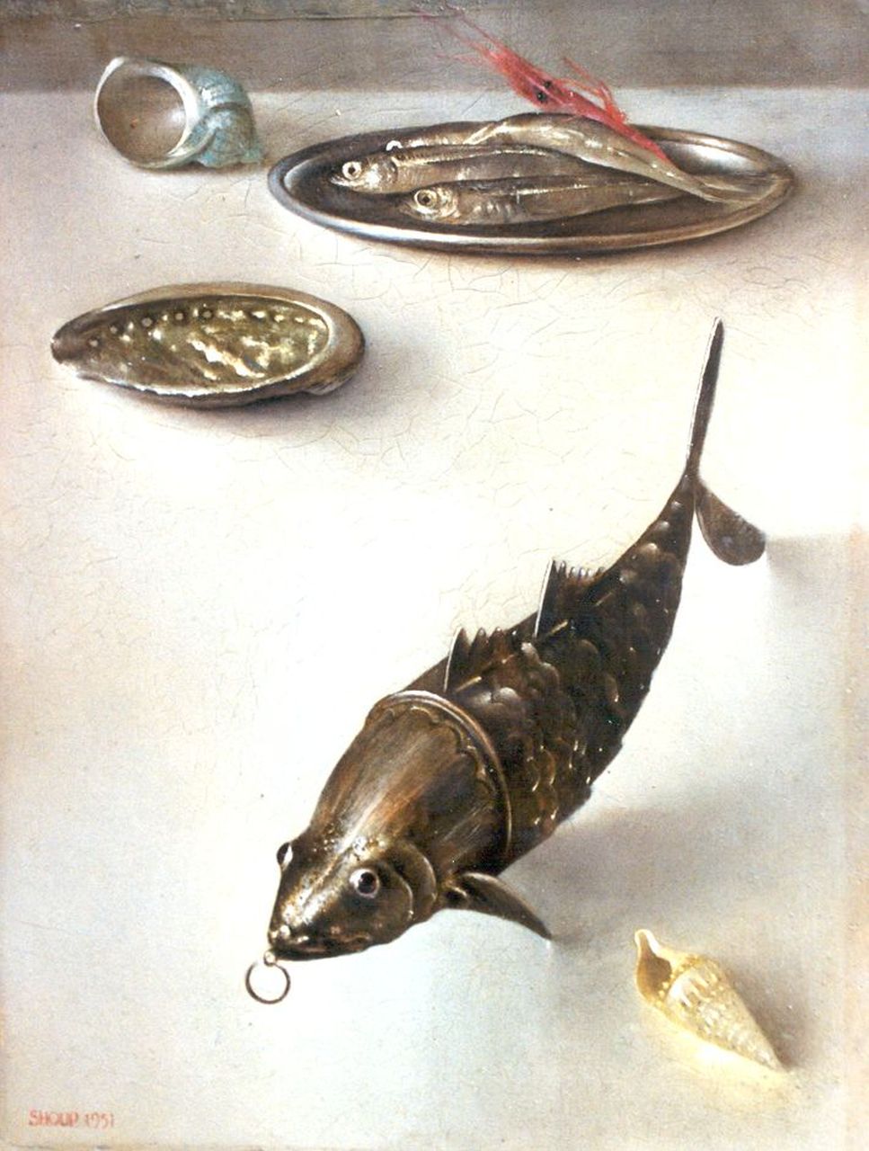 Shoup C.  | Charles Shoup, Stilleven met lokvis en schelpen, olieverf op paneel 22,6 x 17,3 cm, gesigneerd linksonder en gedateerd 1951