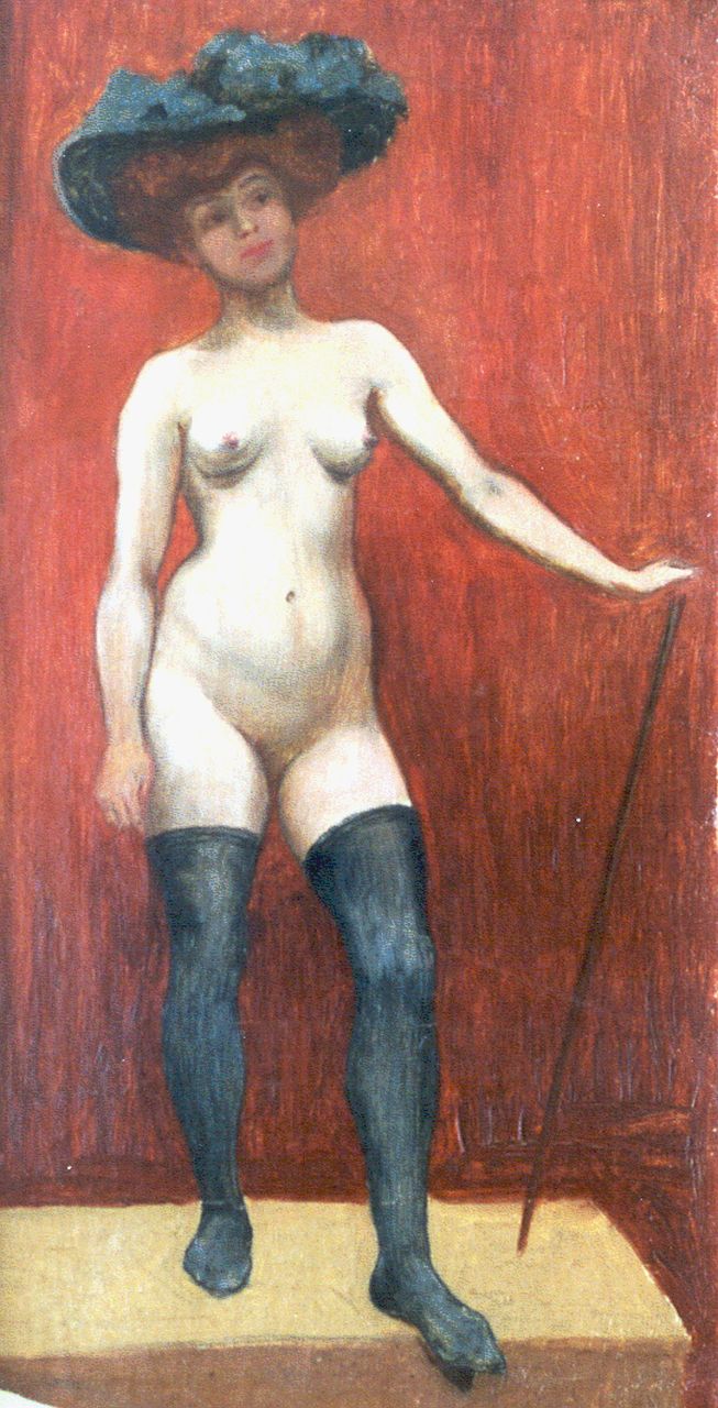 Belgische School omg. Felicien Rops   | Belgische School omg. Felicien Rops, Naakte vrouw met kousen en elegante hoed, olieverf op doek 44,5 x 23,3 cm, te dateren ca. 1925