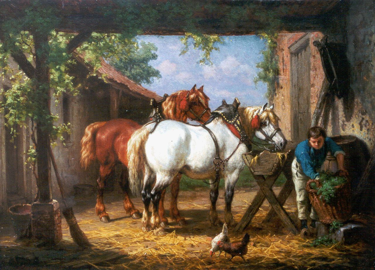 Boogaard W.J.  | Willem Johan Boogaard, De paarden voeren, olieverf op paneel 30,1 x 41,2 cm, gesigneerd linksonder