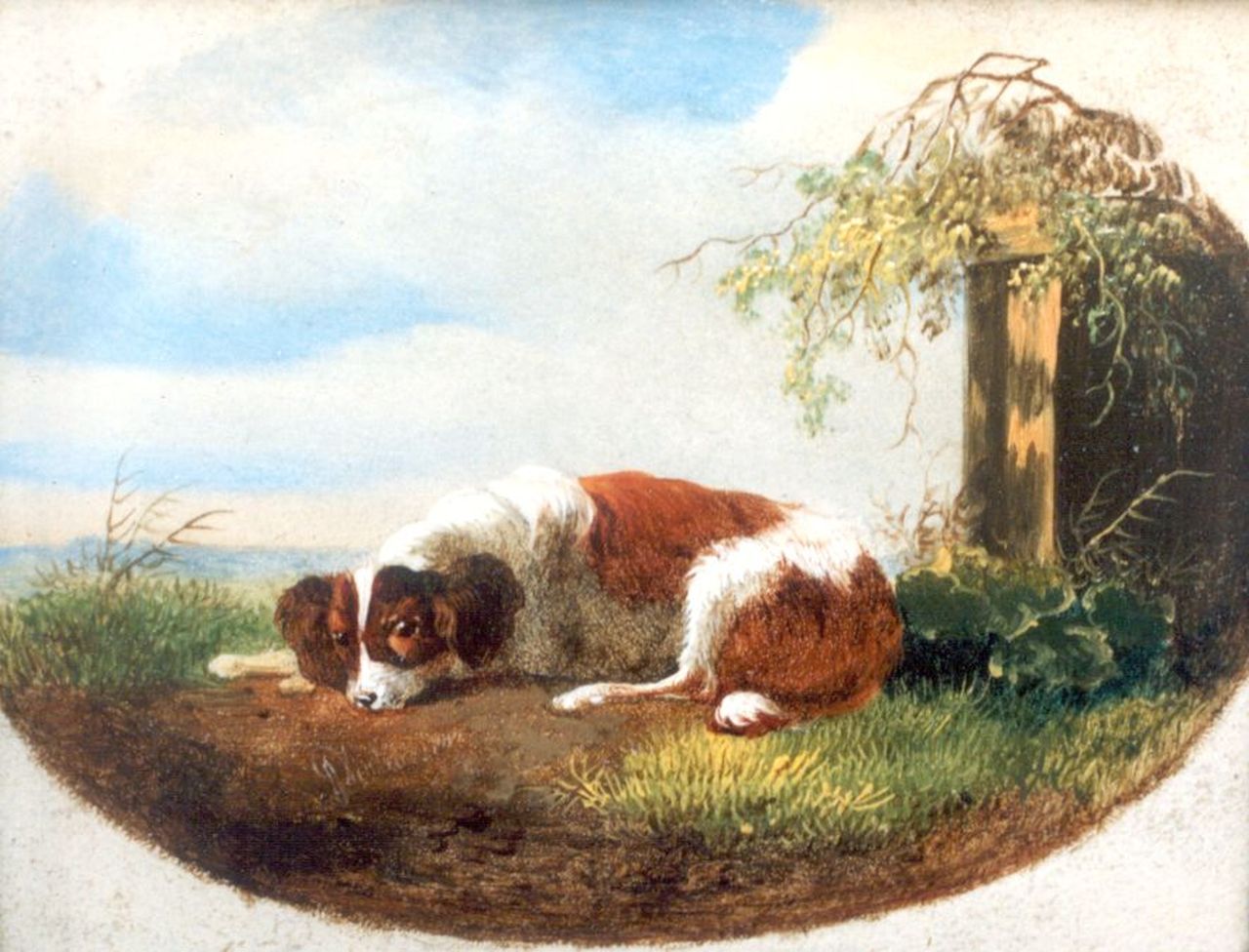 Verhoesen A.  | Albertus Verhoesen, Rustende hond, olieverf op paneel 8,8 x 11,1 cm, gesigneerd linksonder