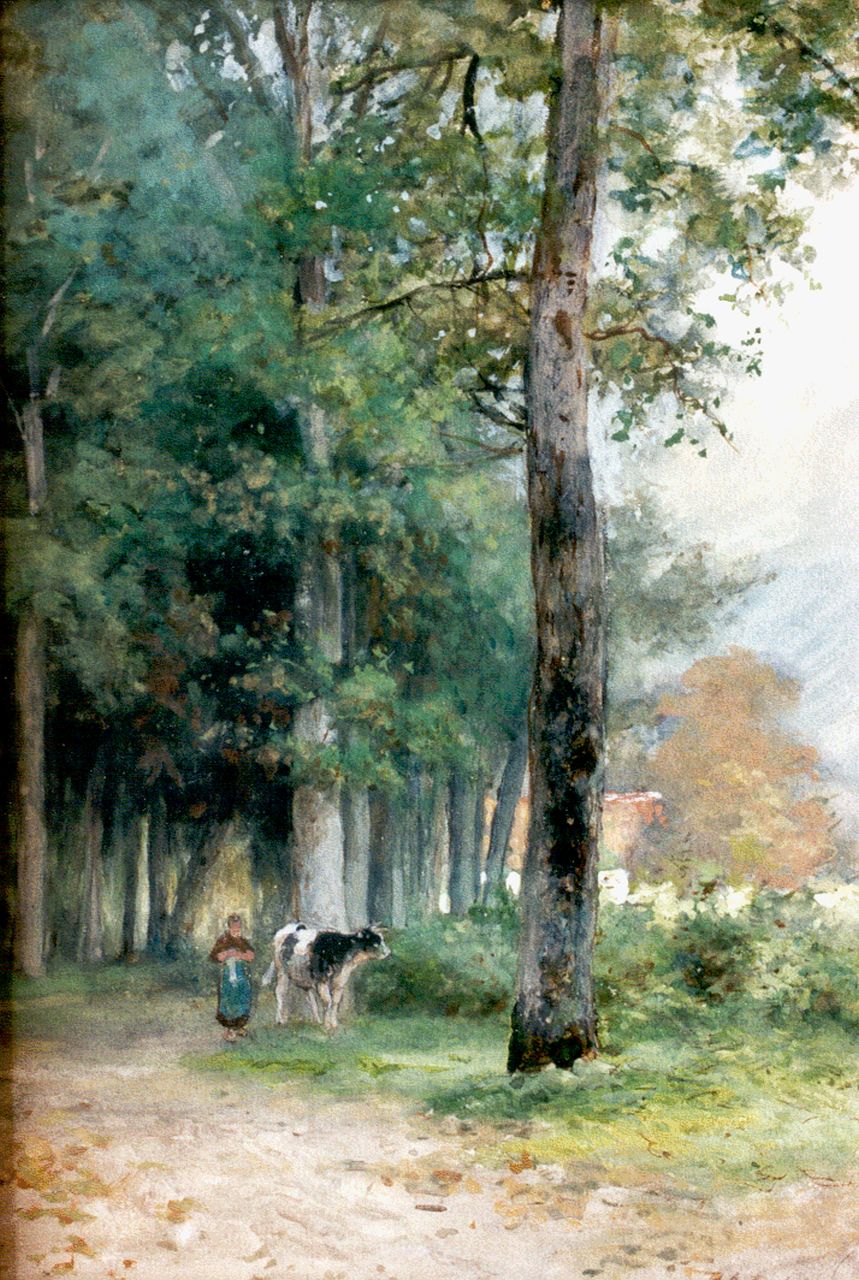 Schipperus P.A.  | Pieter Adrianus 'Piet' Schipperus, Herderin met koe onder bomen, aquarel op papier 34,5 x 23,5 cm, gesigneerd rechtsonder