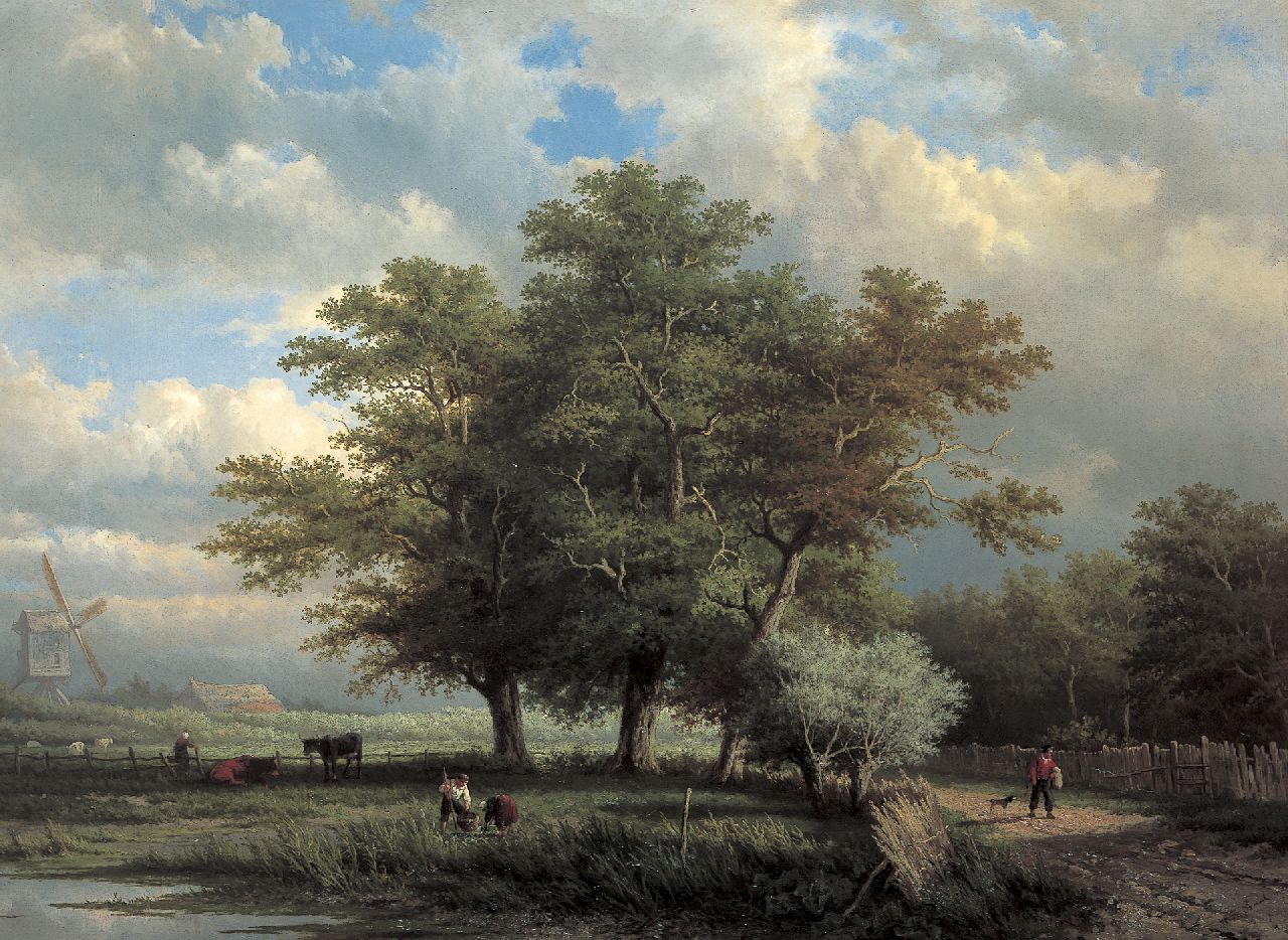 Heerebaart G.  | Georgius Heerebaart, Bosrand met boerenvolk, olieverf op doek 83,7 x 114,2 cm, gesigneerd rechtsonder