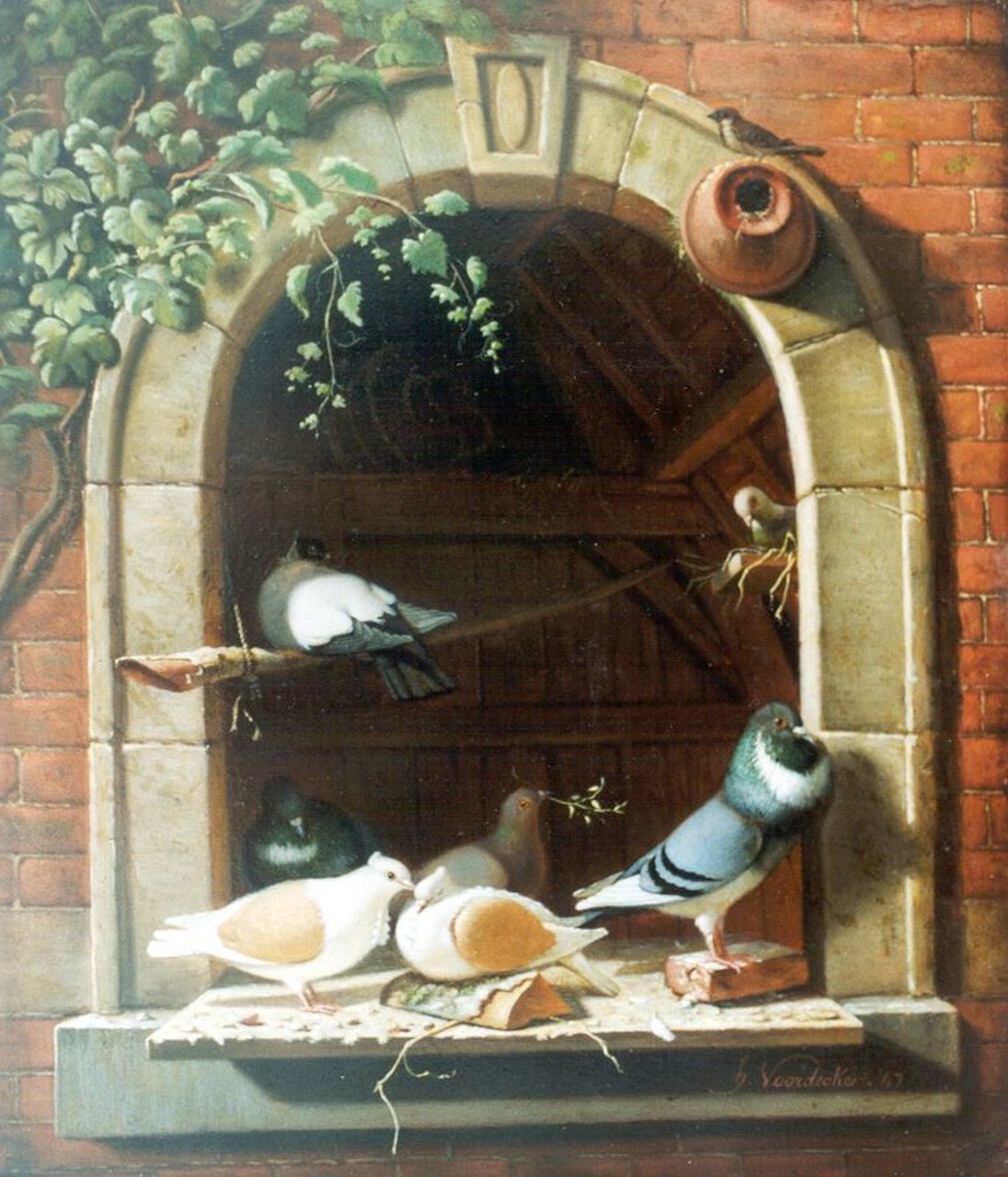 Voordecker H.  | Henri Voordecker, Duiven op een vensterbank, olieverf op paneel 29,3 x 24,8 cm, gesigneerd rechtsonder en gedateerd '47