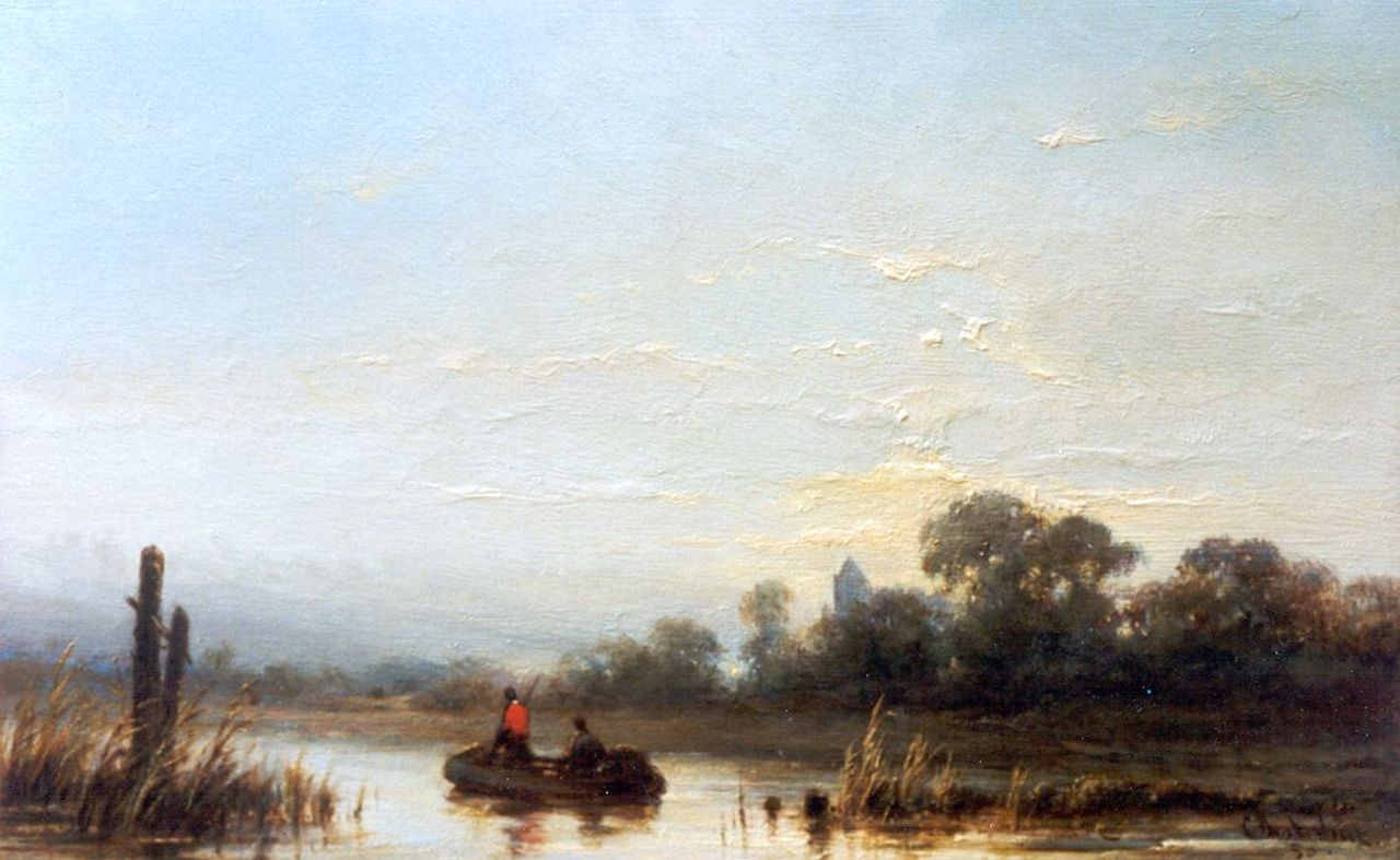 Westerbeek C.  | Cornelis Westerbeek, Vissers in een boot op een rivier, olieverf op paneel 15,6 x 25,1 cm, gesigneerd rechtsonder en gedateerd '80