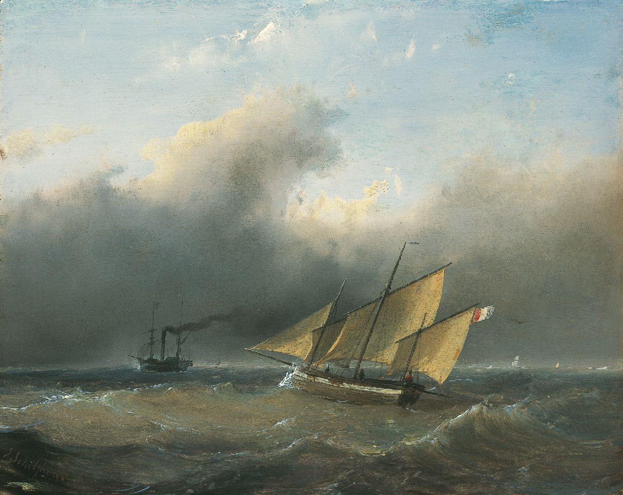 Schelfhout A.  | Andreas Schelfhout, Schepen op onstuimige zee, olieverf op paneel 21,2 x 26,6 cm, gesigneerd linksonder
