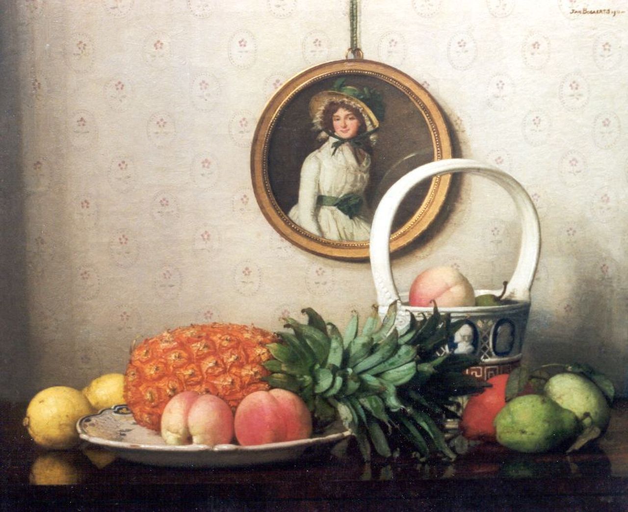 Bogaerts J.J.M.  | Johannes Jacobus Maria 'Jan' Bogaerts, Stilleven met vruchten en een rond portretje, olieverf op doek 50,2 x 61,0 cm, gesigneerd rechtsboven en gedateerd 1911