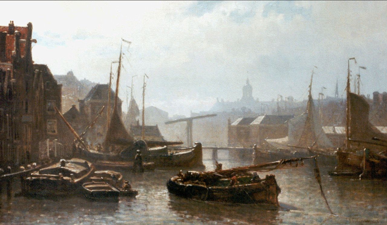 Greive J.C.  | Johan Conrad 'Coen' Greive, Het Damrak, Amsterdam en Paleis op de Dam in het verschiet, olieverf op doek 39,5 x 66,5 cm, gesigneerd rechtsonder