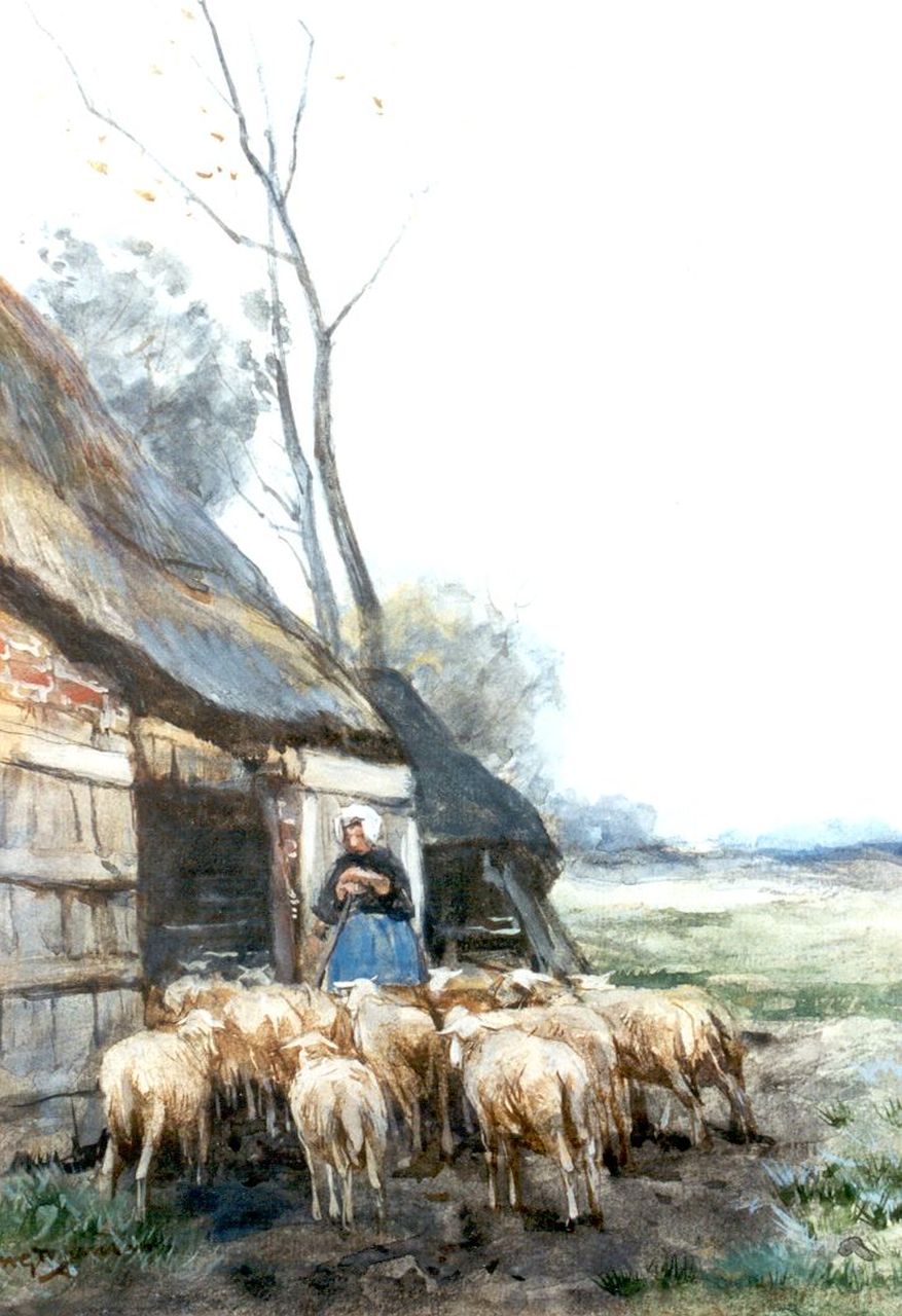Jansen W.G.F.  | 'Willem' George Frederik Jansen, Herderin met haar kudde, aquarel op papier 33,5 x 24,0 cm, gesigneerd linksonder