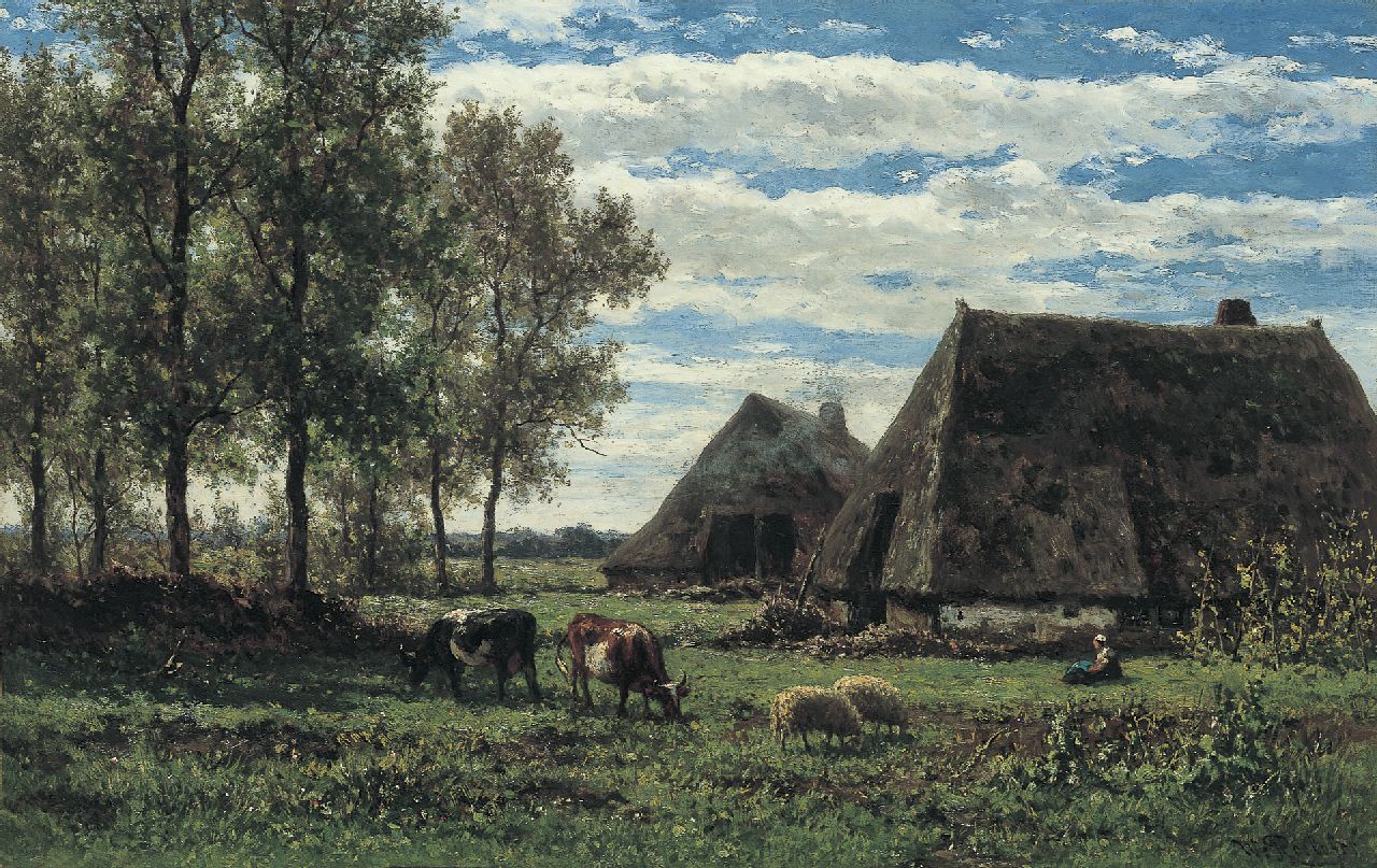 Roelofs W.  | Willem Roelofs, Boerenhoeven in een zomers landschap, Drenthe, olieverf op doek 45,4 x 71,2 cm, gesigneerd rechtsonder