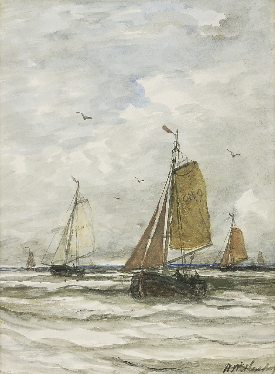 Mesdag H.W.  | Hendrik Willem Mesdag, Scheveningse bomschuiten op volle zee, aquarel op papier 40,6 x 29,5 cm, gesigneerd rechtsonder