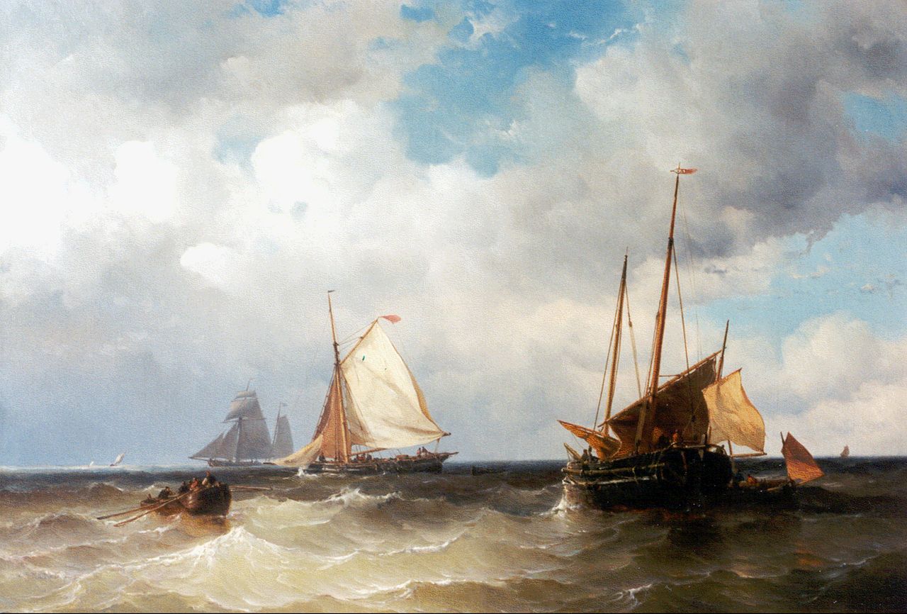 Maurits Frederik Hendrik de Haas | Zeilende vissersschepen en sloep op volle zee, olieverf op doek, 60,0 x 88,0 cm, gesigneerd r.o. en gedateerd 1857