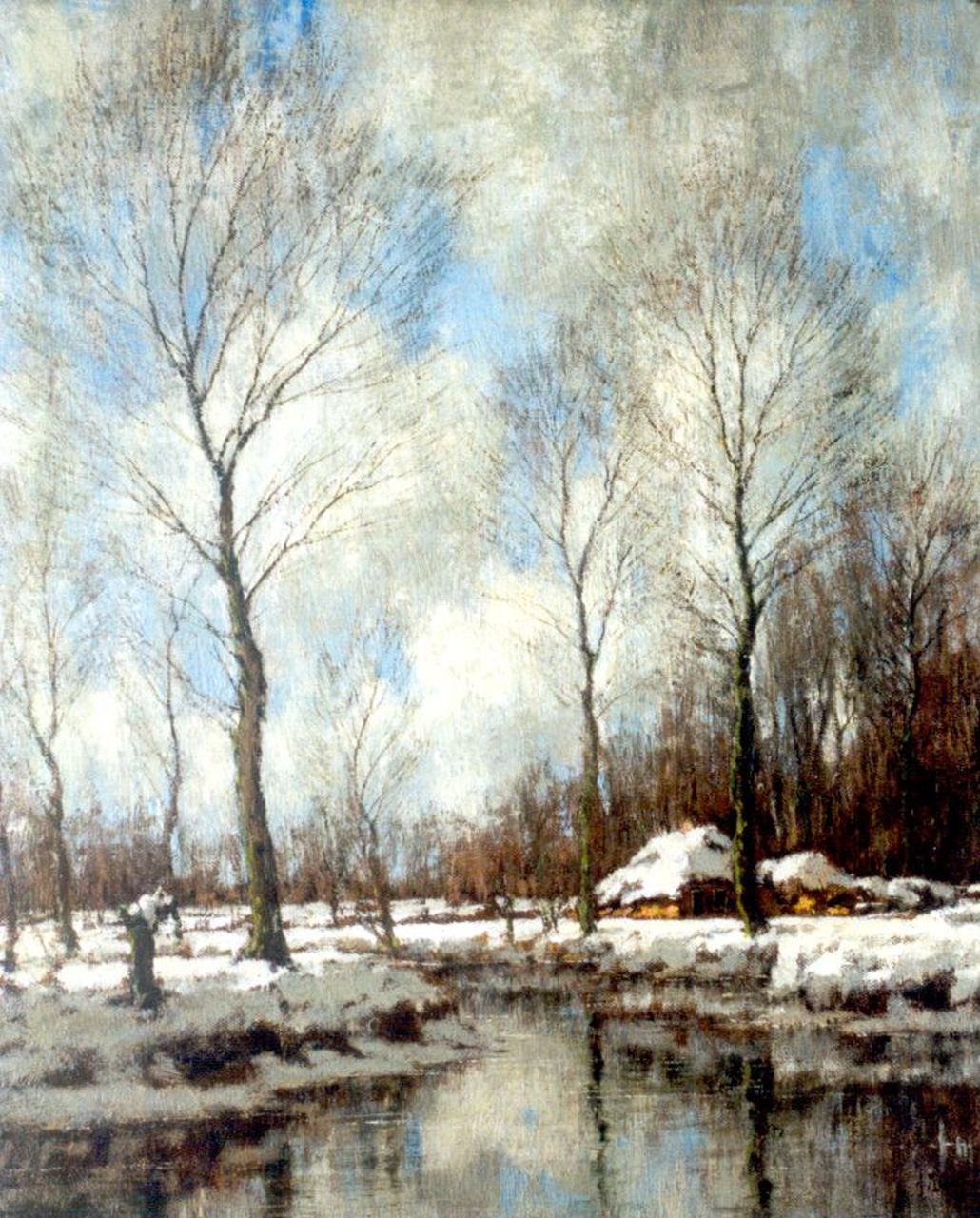 Gorter A.M.  | 'Arnold' Marc Gorter, Besneeuwd winterlandschap bij de Vordense beek (pendant van zomer nr. 6001), olieverf op doek 56,5 x 46,5 cm, gesigneerd rechtsonder
