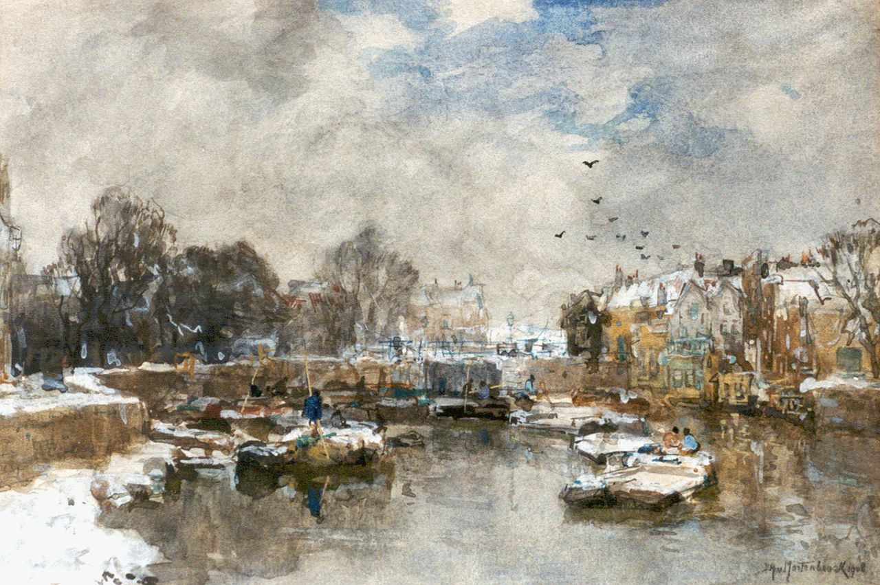 Mastenbroek J.H. van | Johan Hendrik van Mastenbroek, Gracht bij winter, inkt en aquarel op papier 19,6 x 29,0 cm, gesigneerd rechtsonder en gedateerd 1908 Mastenbroek J.H. van | Johan Hendrik van Mastenbroek, Gracht bij winter, inkt en aquarel op papier 19,6 x 29,0 cm, gesigneerd rechtsonder en gedateerd 1908